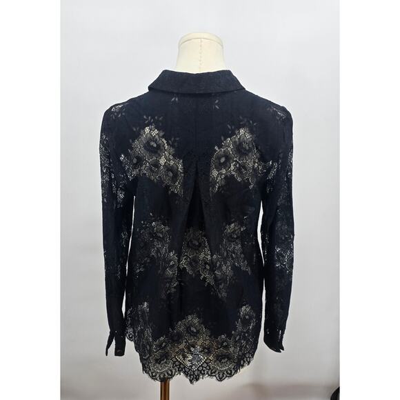CAbi Style 3758 Black Sheer Lace Button-Front Blouse Floral Collared Top Size S - Picture 3 of 4